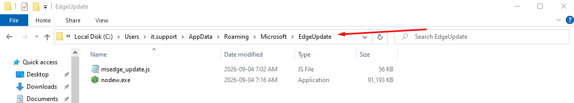 %APPDATA%\Microsoft\EdgeUpdate directory, showing msedge_update.js and nodew.exe