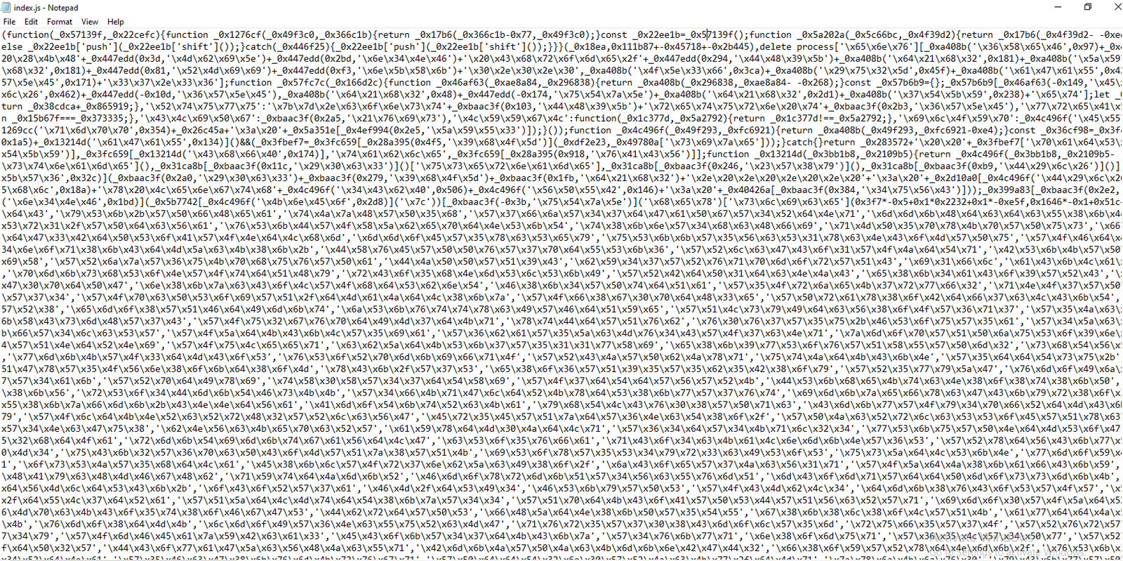 Obfuscated source excerpt, showing the rotated string array, hex like identifiers, and the self defending wrapper functions